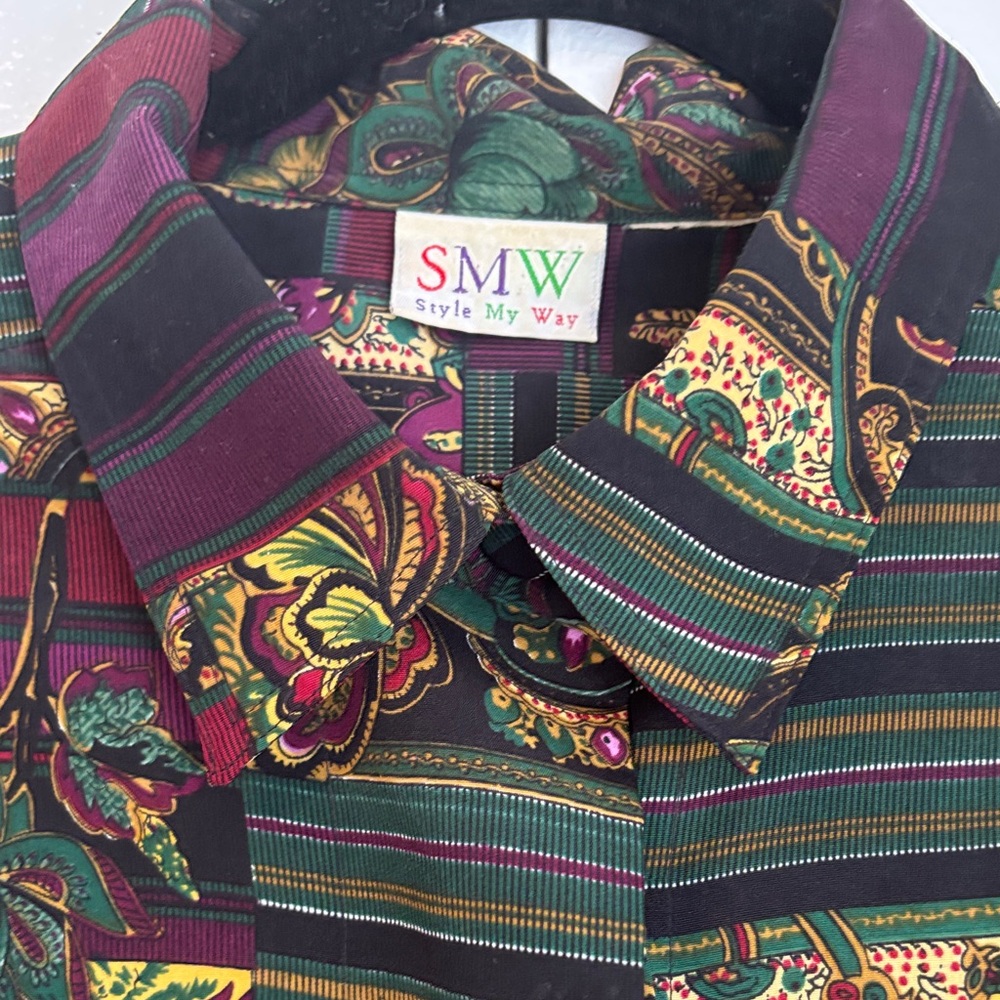 SMW Women’s Vintage Patchwork Button-Down Shirt – Green & Burgundy - Picture 4 of 14